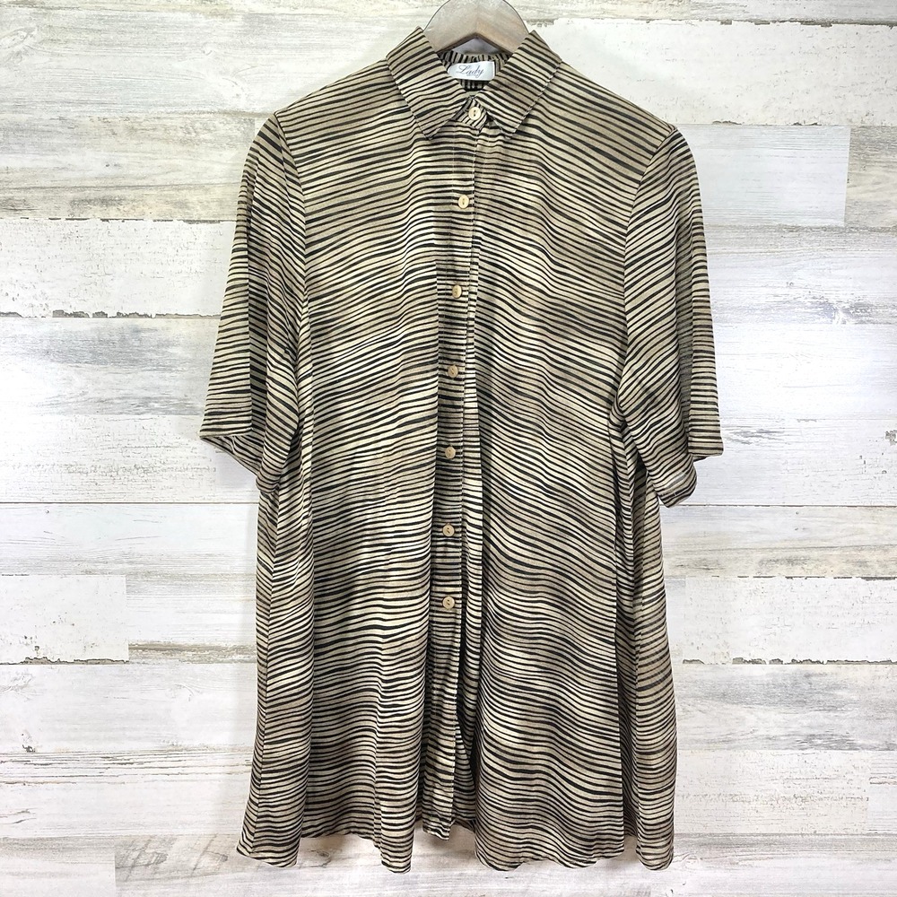 VTG Lady Gottex Womens Tan Black Zebra A Line Short Slv Button Sheer Dress Sz L